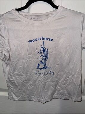 SHEIN White Short Sleeve Tee with Blue Western Graphic